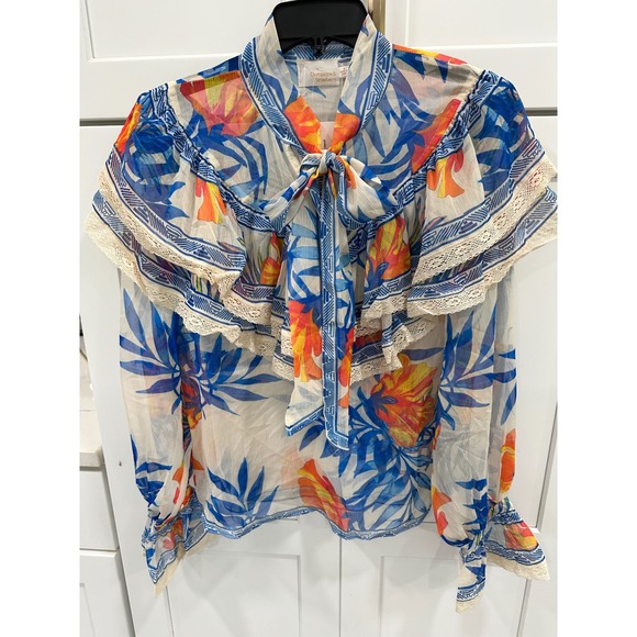 Champagne & Strawberry Tops - Champagne & Strawberry Ruffle Blouse‎ Floral Print Tie Neck Medium